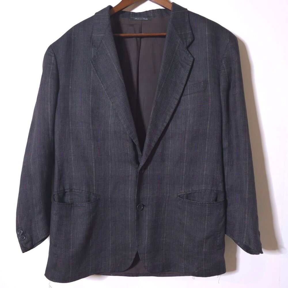 Vintage Lubiam Linen Blazer Sport Coat Gray Plaid 3/4 Sleeve Mens Mens Size 40